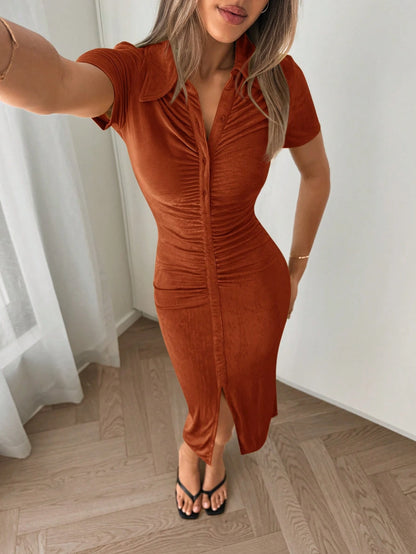 Essnce Women's Short Sleeve Turn-Down Collar A-Line Dress With Single Breasted Closure