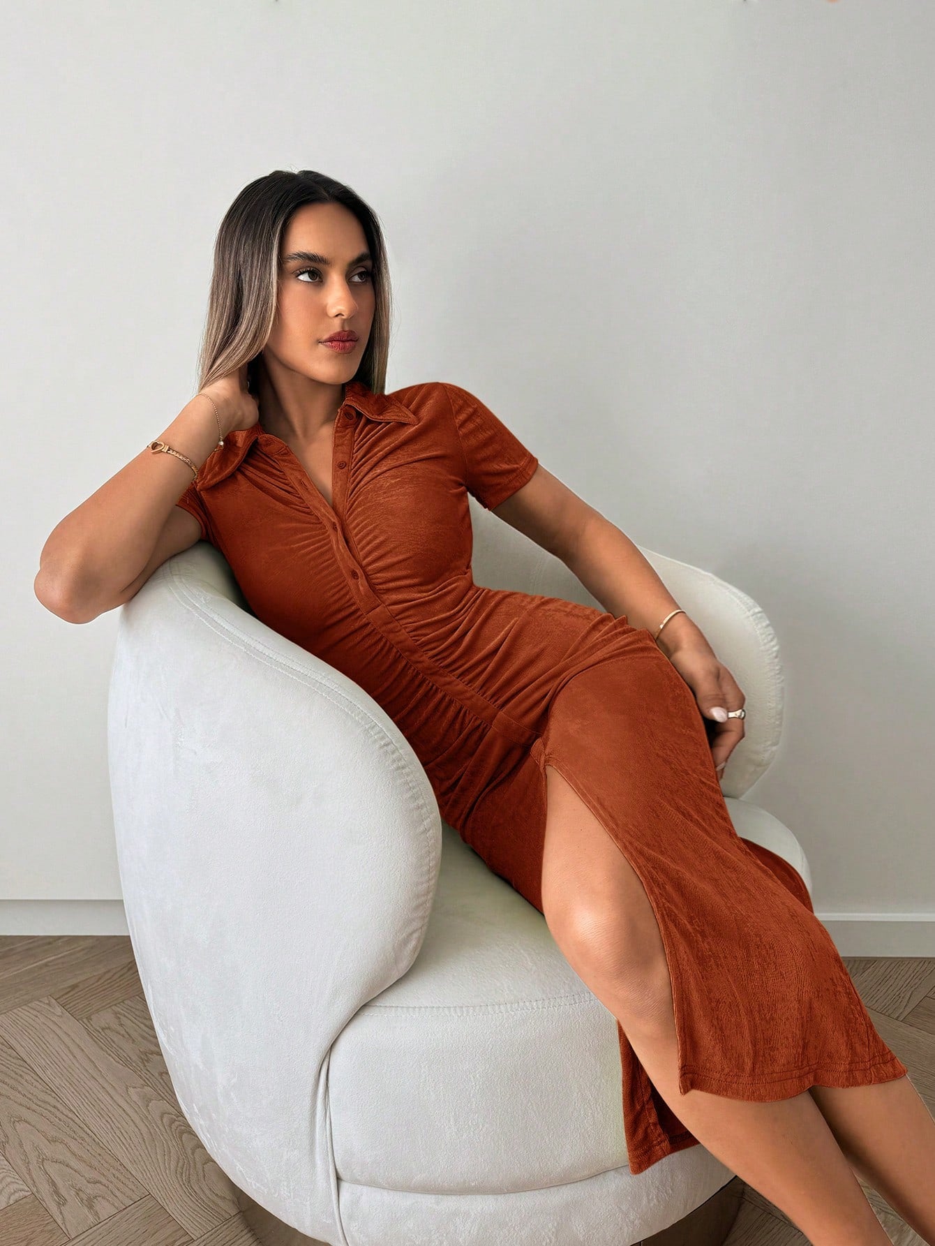 Essnce Women's Short Sleeve Turn-Down Collar A-Line Dress With Single Breasted Closure