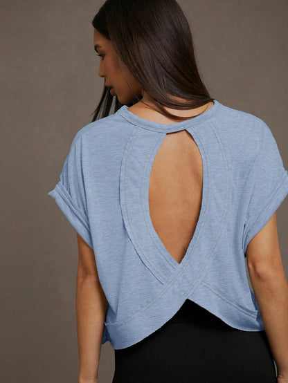 Essnce Women's Solid Color Back Hollow Out Batwing Sleeve T-Shirt