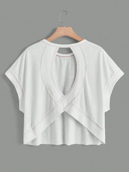 Essnce Women's Solid Color Back Hollow Out Batwing Sleeve T-Shirt