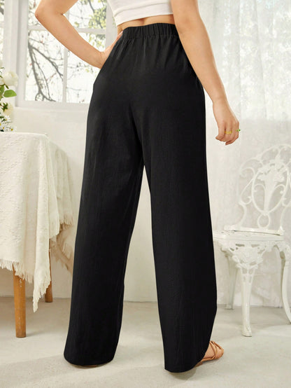 Essnce Women's Solid Color Self Tie Waistband Pants With Pockets