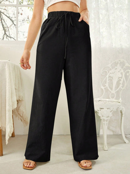 Essnce Women's Solid Color Self Tie Waistband Pants With Pockets