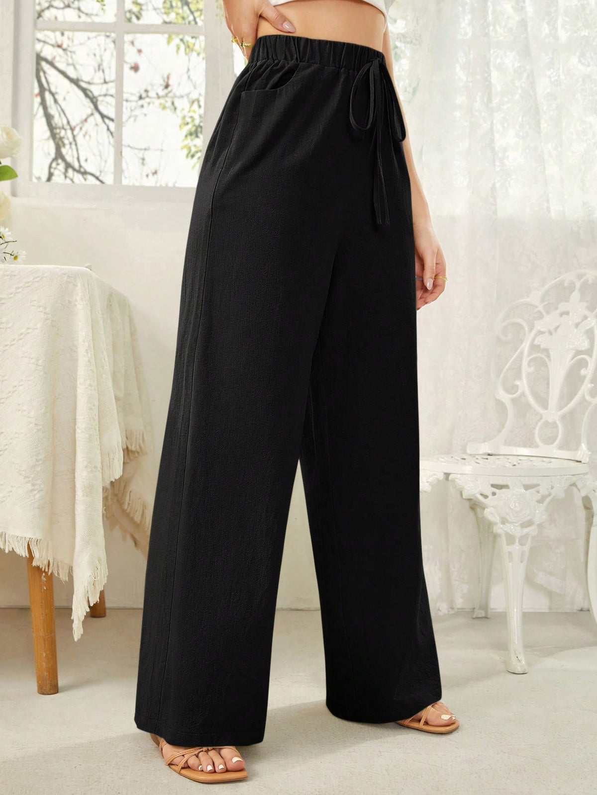 Essnce Women's Solid Color Self Tie Waistband Pants With Pockets