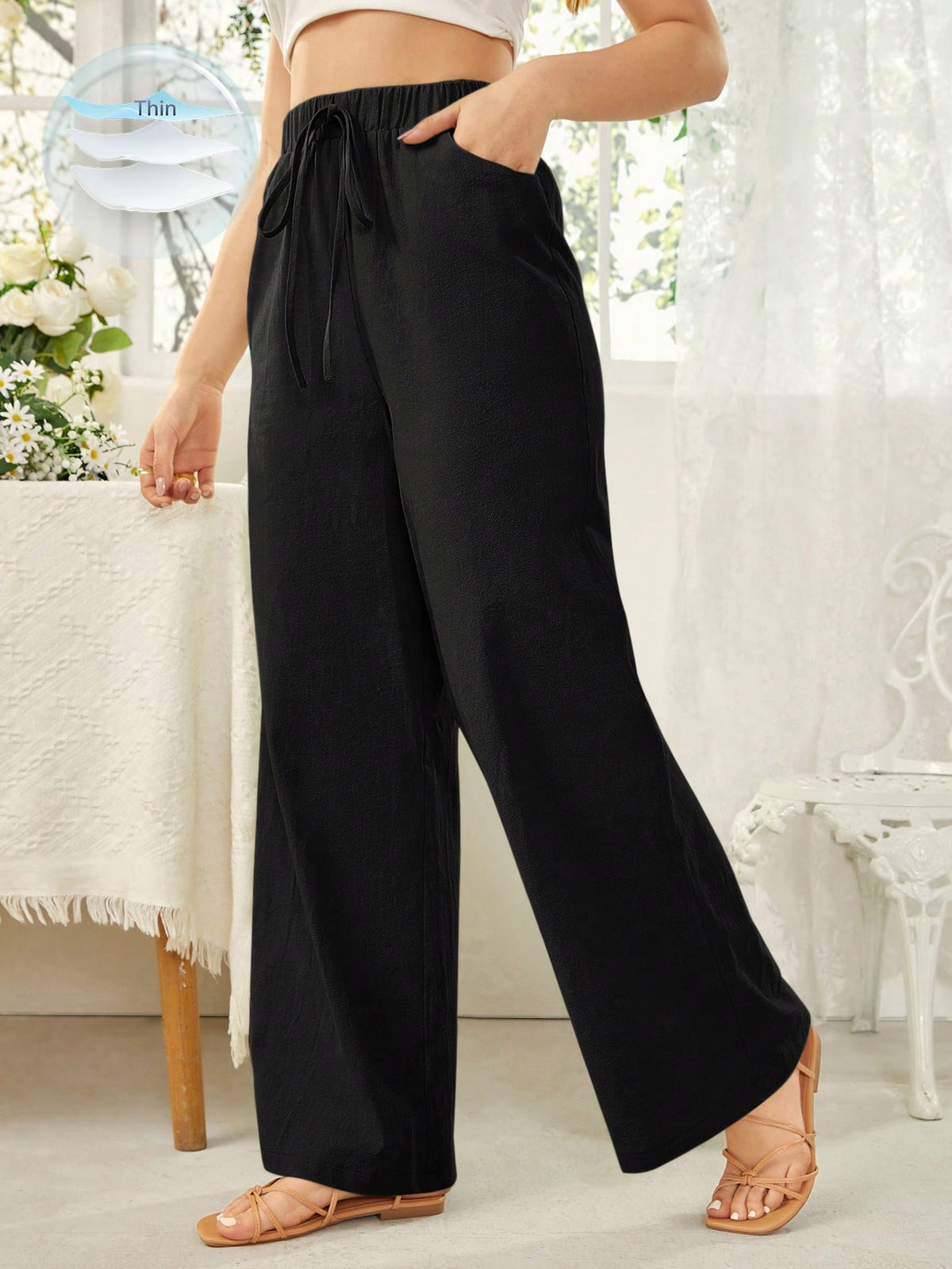 Essnce Women's Solid Color Self Tie Waistband Pants With Pockets