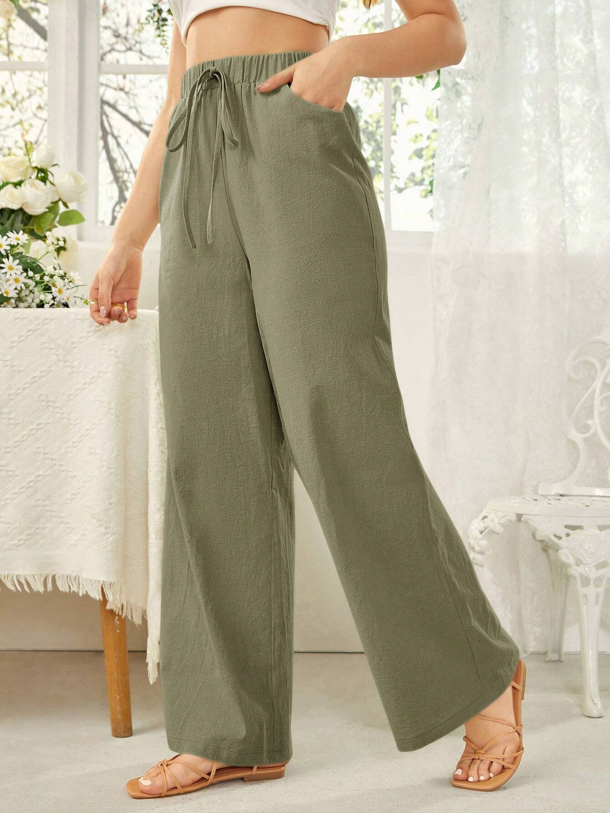 Essnce Women's Solid Color Self Tie Waistband Pants With Pockets