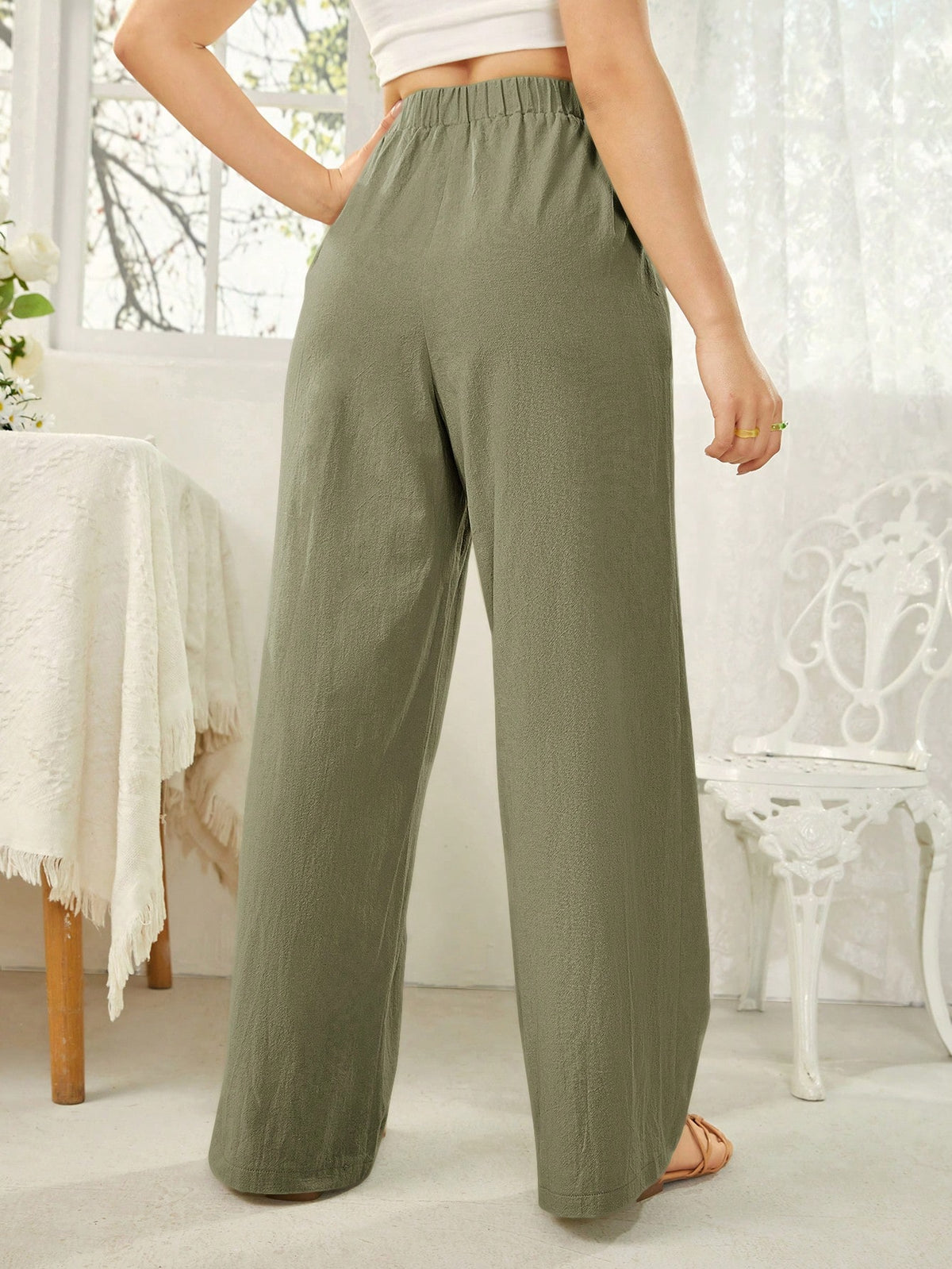 Essnce Women's Solid Color Self Tie Waistband Pants With Pockets