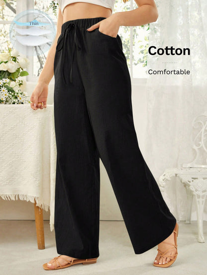 Essnce Women's Solid Color Self Tie Waistband Pants With Pockets