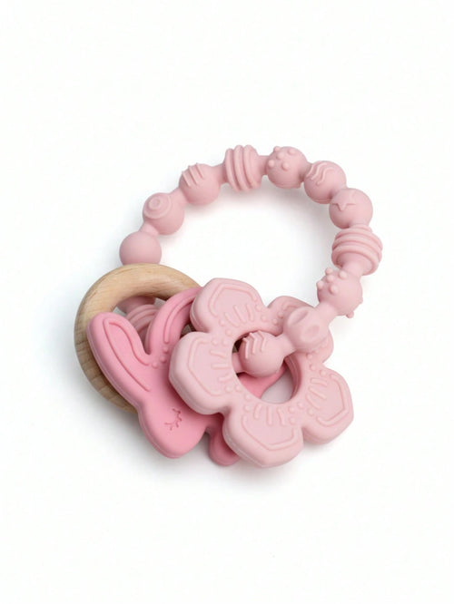 ETETOO 1pc Pink Flower Rabbit Textured Silicone & Wooden Teething Ring, Baby Sensory Toy, Relieve Teething Pain