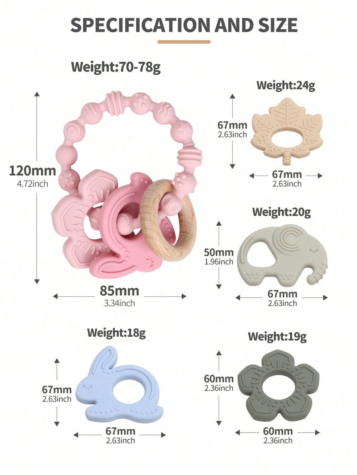 ETETOO 1pc Pink Flower Rabbit Textured Silicone & Wooden Teething Ring, Baby Sensory Toy, Relieve Teething Pain