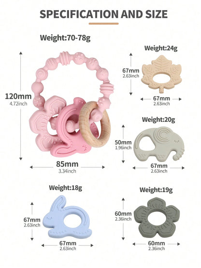 ETETOO 1pc Pink Flower Rabbit Textured Silicone & Wooden Teething Ring, Baby Sensory Toy, Relieve Teething Pain