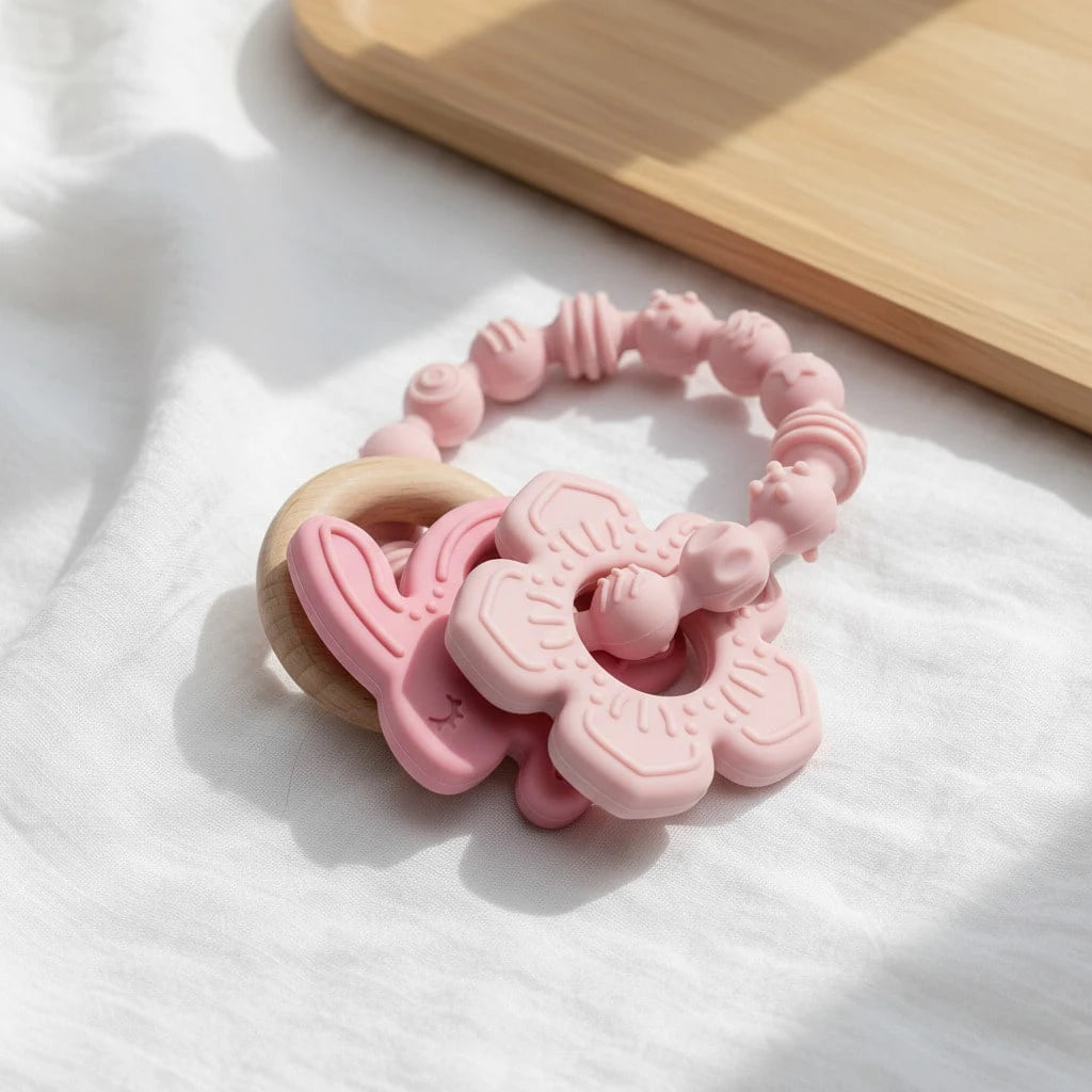 ETETOO 1pc Pink Flower Rabbit Textured Silicone & Wooden Teething Ring, Baby Sensory Toy, Relieve Teething Pain