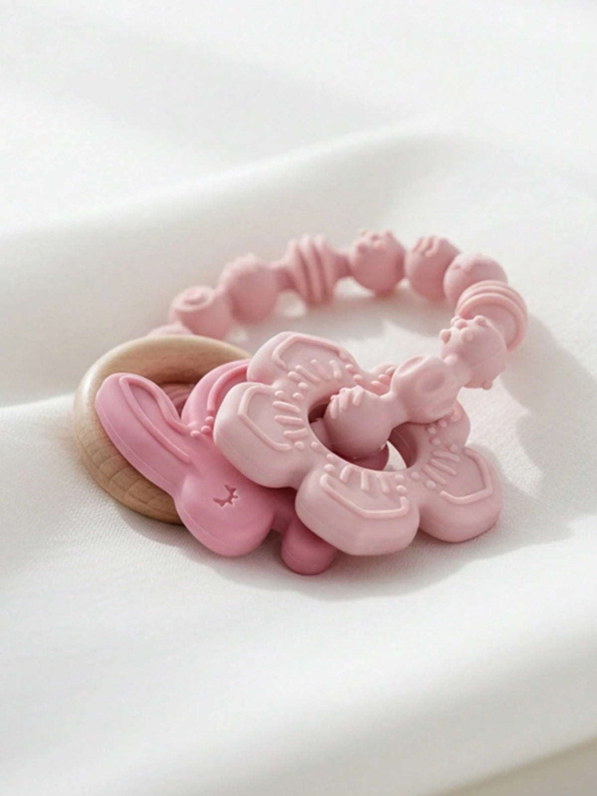 ETETOO 1pc Pink Flower Rabbit Textured Silicone & Wooden Teething Ring, Baby Sensory Toy, Relieve Teething Pain