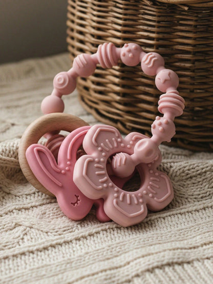 ETETOO 1pc Pink Flower Rabbit Textured Silicone & Wooden Teething Ring, Baby Sensory Toy, Relieve Teething Pain