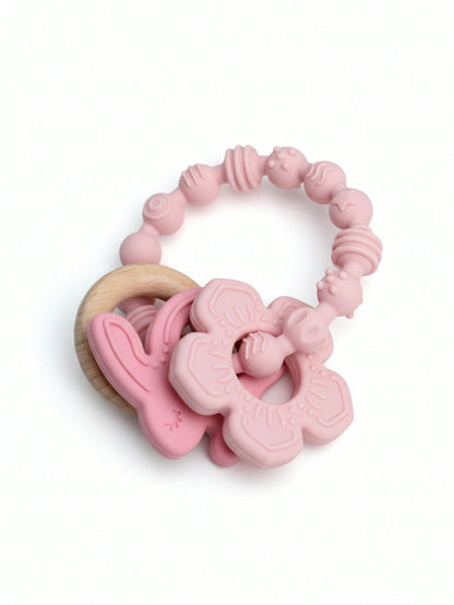 ETETOO 1pc Pink Flower Rabbit Textured Silicone & Wooden Teething Ring, Baby Sensory Toy, Relieve Teething Pain