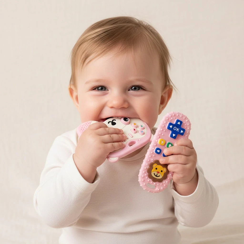 ETETOO 2pcs Baby Teething Toys- Infant Grasping Rattle And TV Remote Control Toy Set, Cute Panda And Lion Silicone Teethers, Sensory Chewing Toys, Suitable For Babies 3 Months And Up