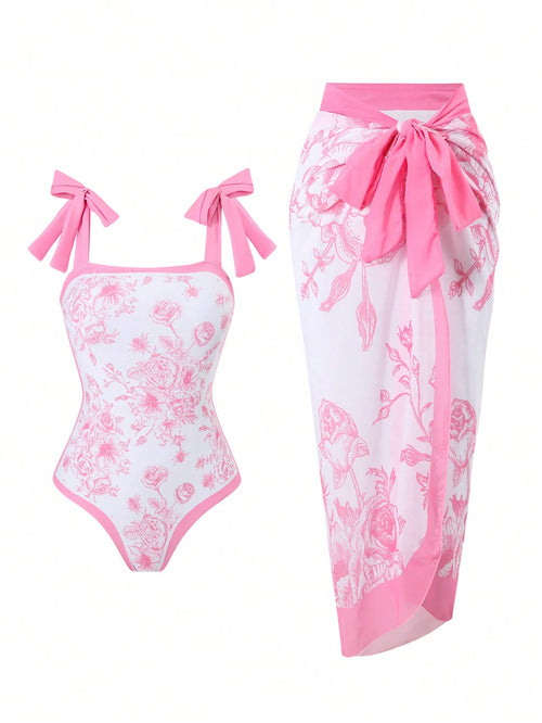 European & American Style Floral Print One-Piece Conservative Tummy Control Swimsuit With Cover-Up Skirt For Holiday, Spa, Swimming, For Summer Vacation Beach Elegant Pink