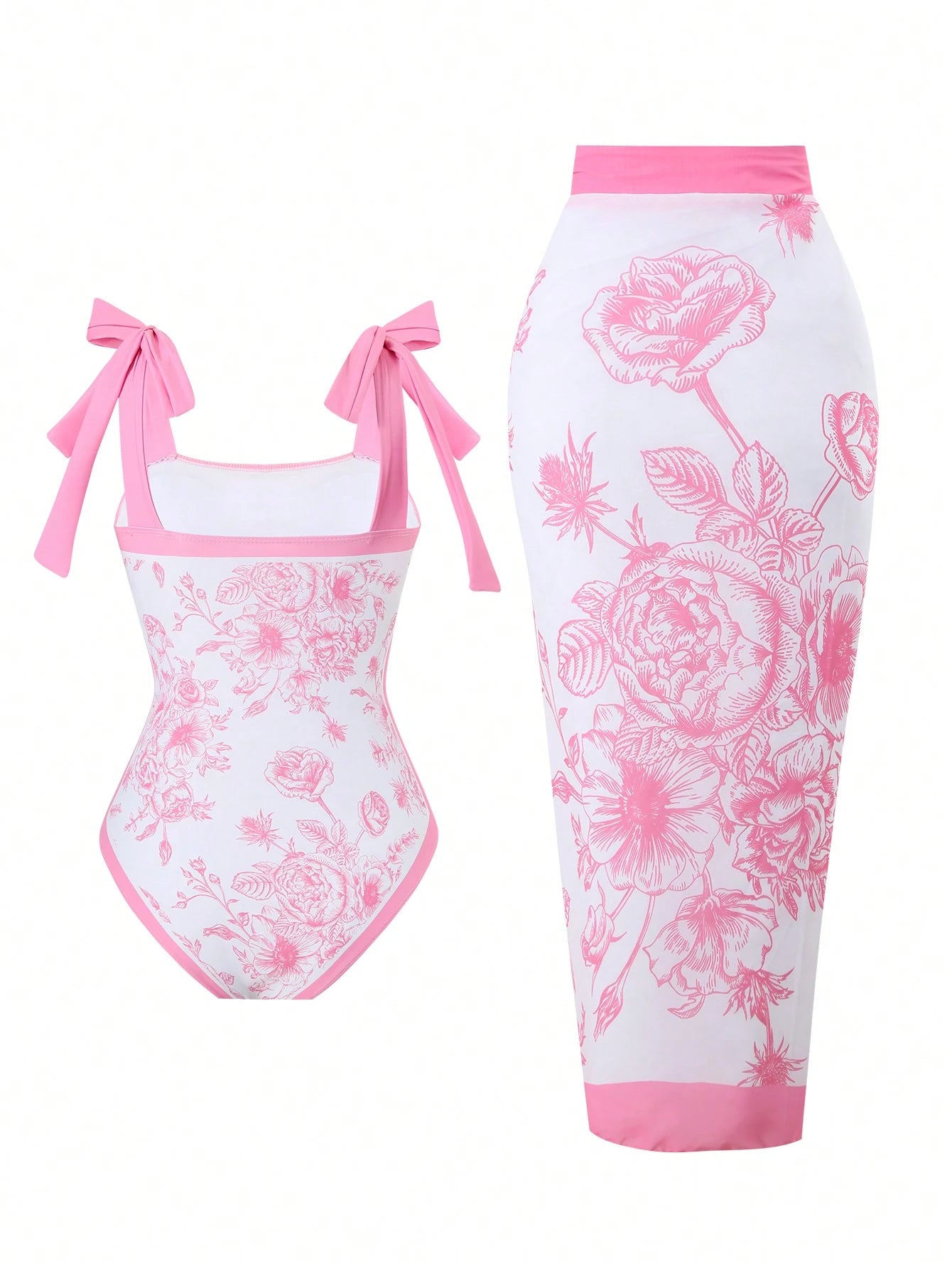 European & American Style Floral Print One-Piece Conservative Tummy Control Swimsuit With Cover-Up Skirt For Holiday, Spa, Swimming, For Summer Vacation Beach Elegant Pink