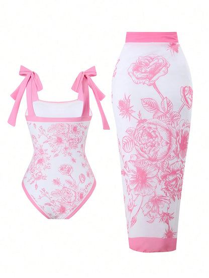European & American Style Floral Print One-Piece Conservative Tummy Control Swimsuit With Cover-Up Skirt For Holiday, Spa, Swimming, For Summer Vacation Beach Elegant Pink