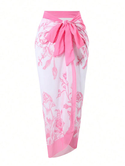 European & American Style Floral Print One-Piece Conservative Tummy Control Swimsuit With Cover-Up Skirt For Holiday, Spa, Swimming, For Summer Vacation Beach Elegant Pink