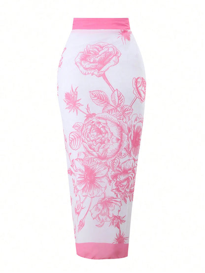 European & American Style Floral Print One-Piece Conservative Tummy Control Swimsuit With Cover-Up Skirt For Holiday, Spa, Swimming, For Summer Vacation Beach Elegant Pink