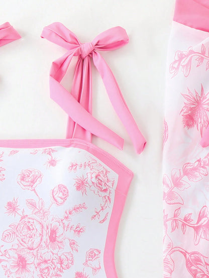 European & American Style Floral Print One-Piece Conservative Tummy Control Swimsuit With Cover-Up Skirt For Holiday, Spa, Swimming, For Summer Vacation Beach Elegant Pink
