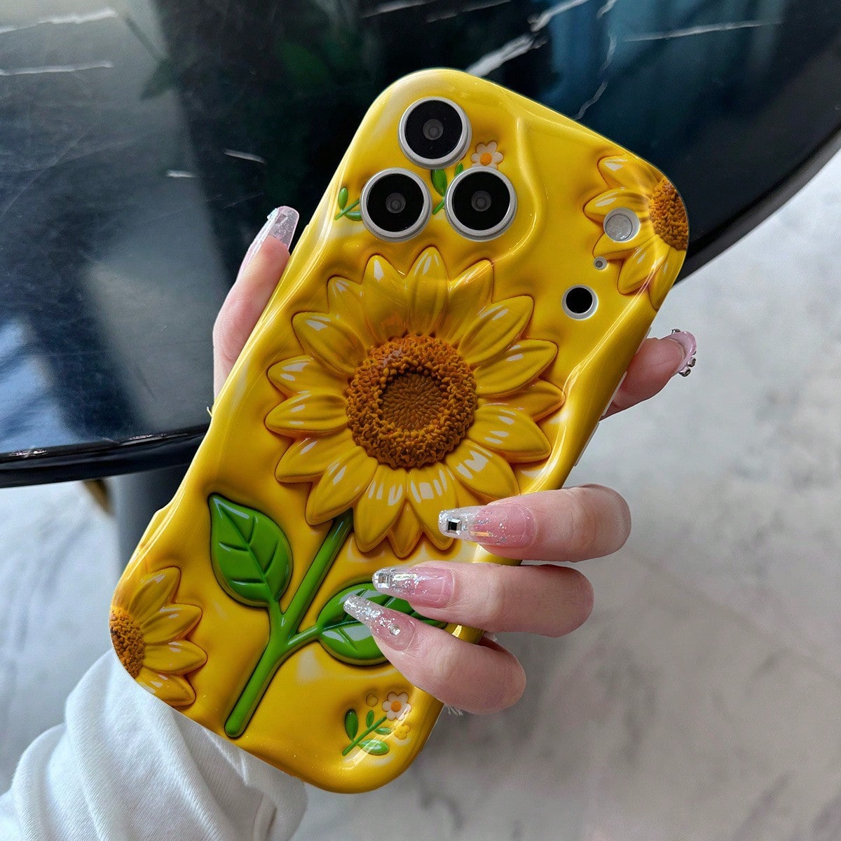 Excellent Protection, Drop-Proof And Scratch-Resistant Phone Cases, Vibrant Yellow Sunflowers With Green Leaves On A Glossy Surface For IPhone 17 16 15 14 13 12 11 8 7 X XS Pro Promax Plus, 2D Plane