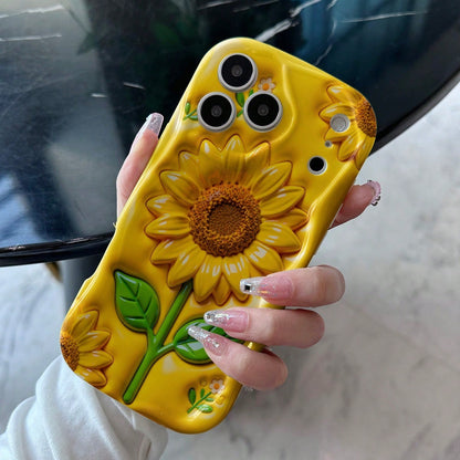Excellent Protection, Drop-Proof And Scratch-Resistant Phone Cases, Vibrant Yellow Sunflowers With Green Leaves On A Glossy Surface For IPhone 17 16 15 14 13 12 11 8 7 X XS Pro Promax Plus, 2D Plane
