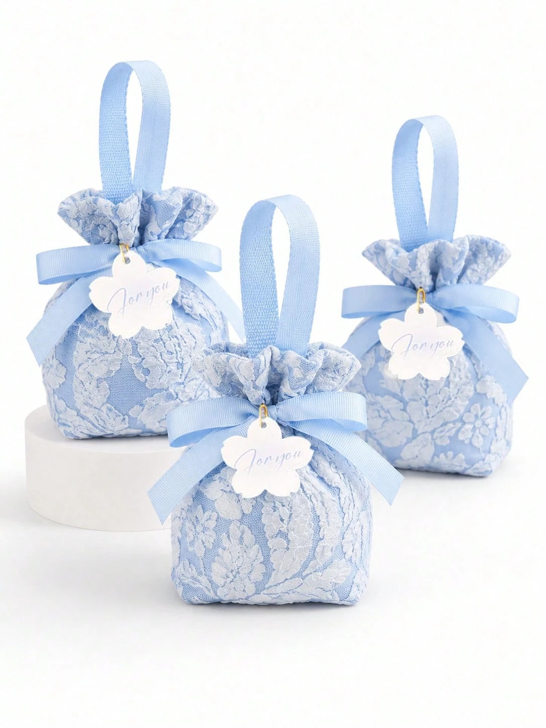 Extra Large Blue Floral Embroidered Satin Baby Shower Favor Bag, Reusable With Handle Tea Party Favor Bag, Suitable For Baby Shower, Gender Reveal, Baptism, First Birthday, Bridal Shower, Wedding (Blu