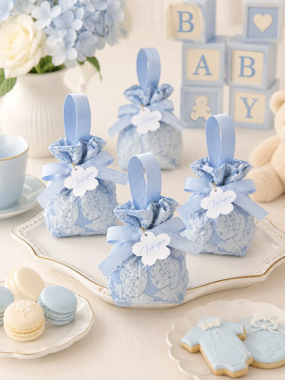 Extra Large Blue Floral Embroidered Satin Baby Shower Favor Bag, Reusable With Handle Tea Party Favor Bag, Suitable For Baby Shower, Gender Reveal, Baptism, First Birthday, Bridal Shower, Wedding (Blu