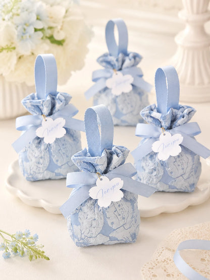 Extra Large Blue Floral Embroidered Satin Baby Shower Favor Bag, Reusable With Handle Tea Party Favor Bag, Suitable For Baby Shower, Gender Reveal, Baptism, First Birthday, Bridal Shower, Wedding (Blu