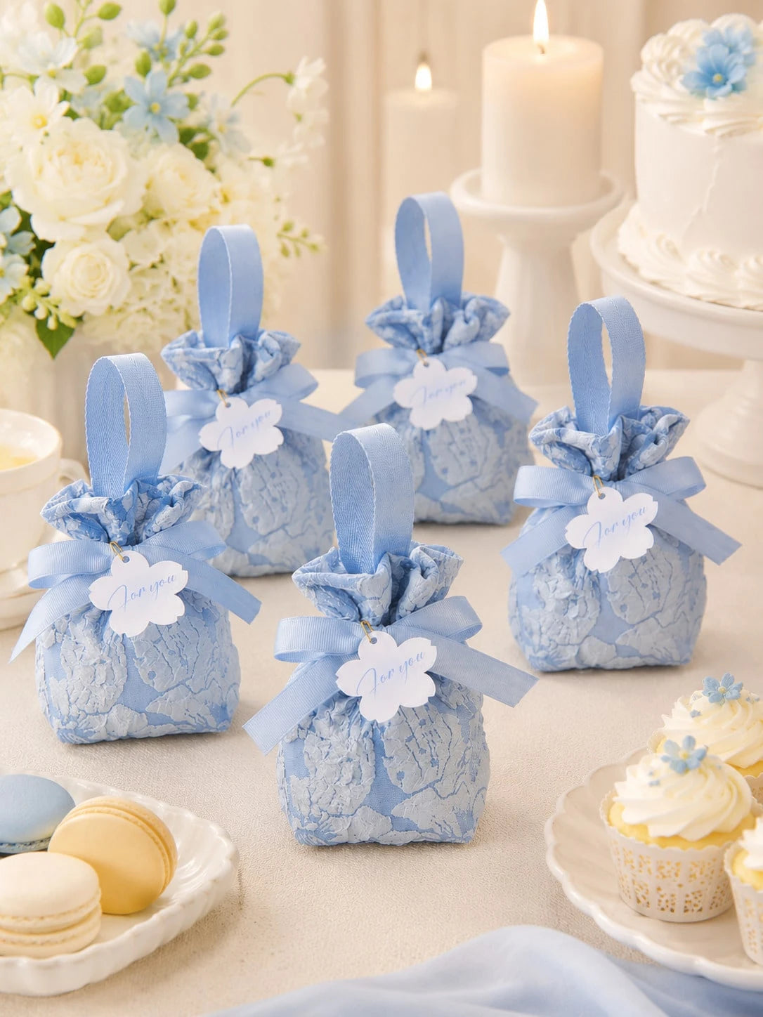 Extra Large Blue Floral Embroidered Satin Baby Shower Favor Bag, Reusable With Handle Tea Party Favor Bag, Suitable For Baby Shower, Gender Reveal, Baptism, First Birthday, Bridal Shower, Wedding (Blu