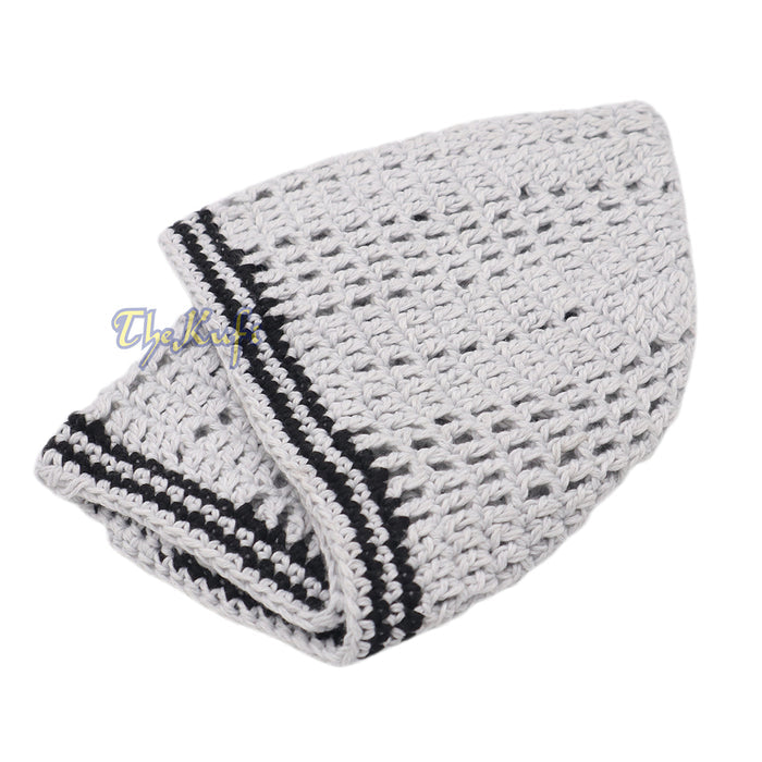 Extra Light Gray with Black Line Open-Weave Design Cotton Skull Cap Kufi