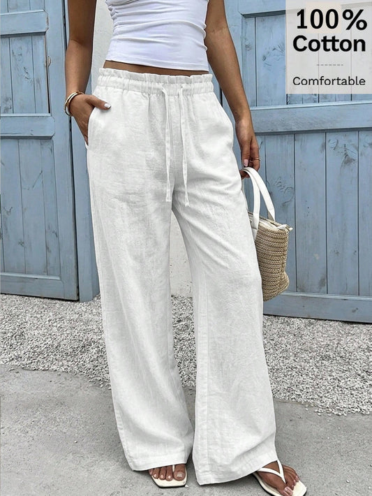 EZwear 100% Cotton Women's Casual Wide Leg Pants, White, Summer, Outing, Y2K, Formal, Suitable For Daily Commute, Date, Party, Autumn/Winter/Spring/Summer, Christmas, New Year, Thanksgiving, Par