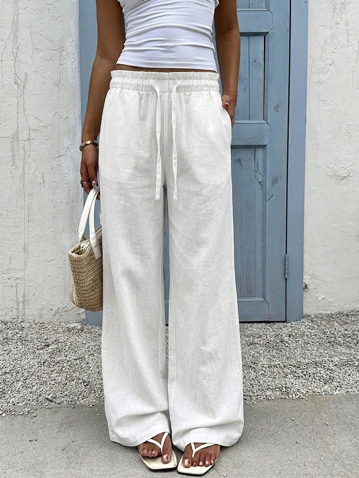 EZwear 100% Cotton Women's Casual Wide Leg Pants, White, Summer, Outing, Y2K, Formal, Suitable For Daily Commute, Date, Party, Autumn/Winter/Spring/Summer, Christmas, New Year, Thanksgiving, Par