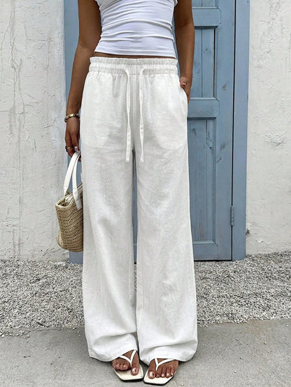 EZwear 100% Cotton Women's Casual Wide Leg Pants, White, Summer, Outing, Y2K, Formal, Suitable For Daily Commute, Date, Party, Autumn/Winter/Spring/Summer, Christmas, New Year, Thanksgiving, Par