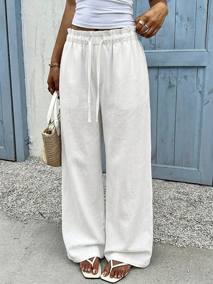 EZwear 100% Cotton Women's Casual Wide Leg Pants, White, Summer, Outing, Y2K, Formal, Suitable For Daily Commute, Date, Party, Autumn/Winter/Spring/Summer, Christmas, New Year, Thanksgiving, Par
