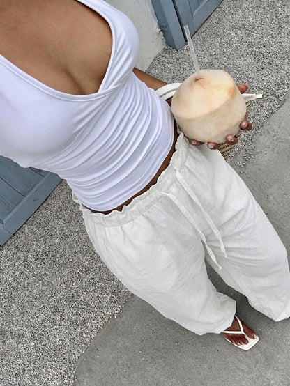 EZwear 100% Cotton Women's Casual Wide Leg Pants, White, Summer, Outing, Y2K, Formal, Suitable For Daily Commute, Date, Party, Autumn/Winter/Spring/Summer, Christmas, New Year, Thanksgiving, Par