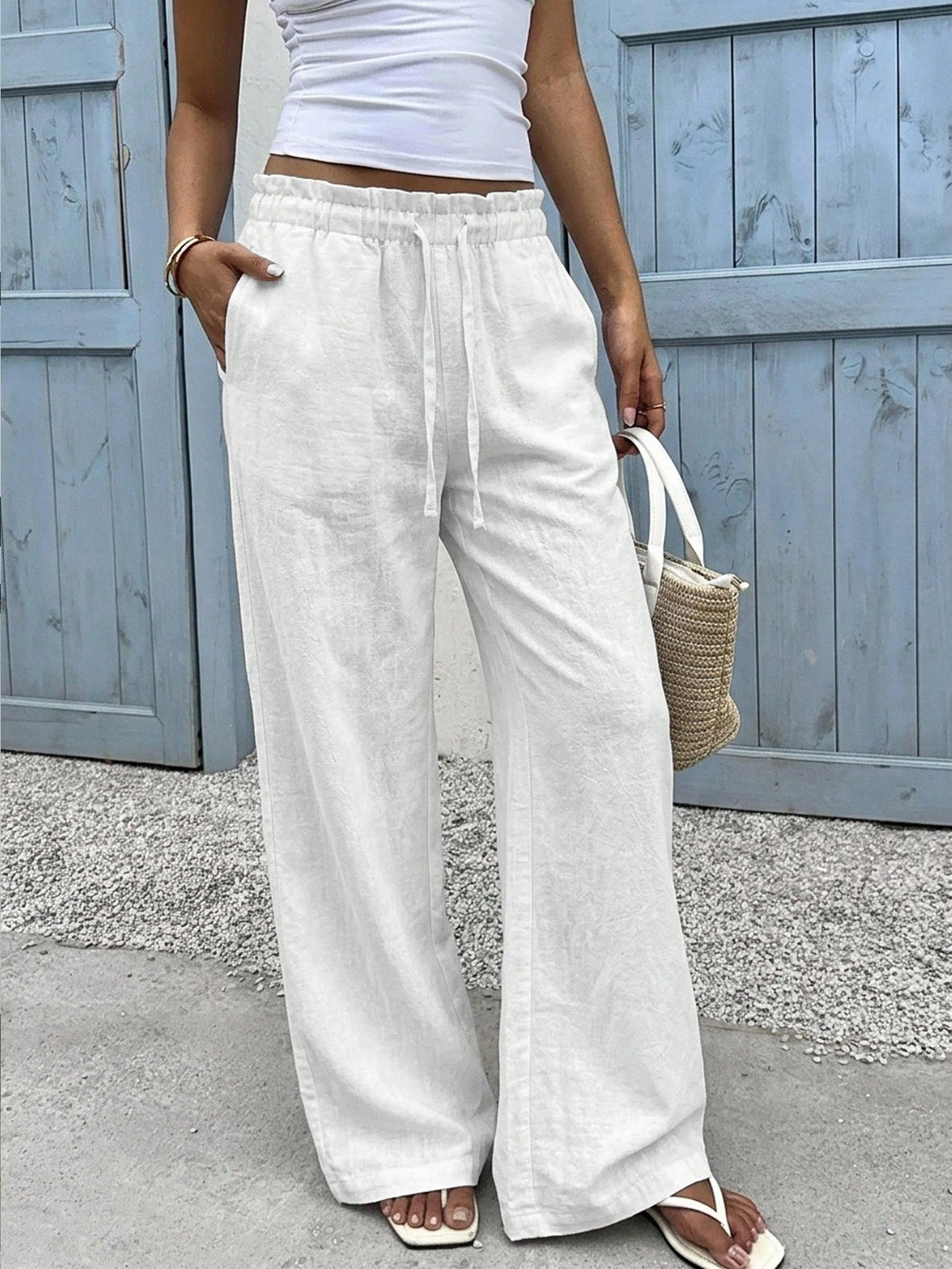 EZwear 100% Cotton Women's Casual Wide Leg Pants, White, Summer, Outing, Y2K, Formal, Suitable For Daily Commute, Date, Party, Autumn/Winter/Spring/Summer, Christmas, New Year, Thanksgiving, Par