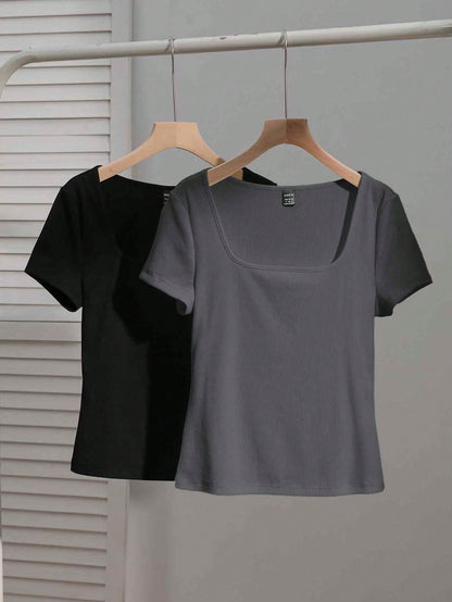 EZwear 2pcs Women's Square Neck Short Sleeve Casual Slim Fit Sexy T-Shirts, Black & Dark Grey, Suitable For Summer