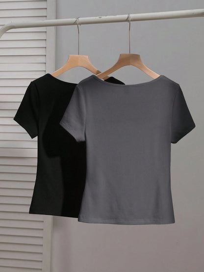 EZwear 2pcs Women's Square Neck Short Sleeve Casual Slim Fit Sexy T-Shirts, Black & Dark Grey, Suitable For Summer
