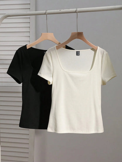 EZwear 2pcs Women's Square Neck Short Sleeve Casual Slim Fit Sexy T-Shirts, Black & Dark Grey, Suitable For Summer