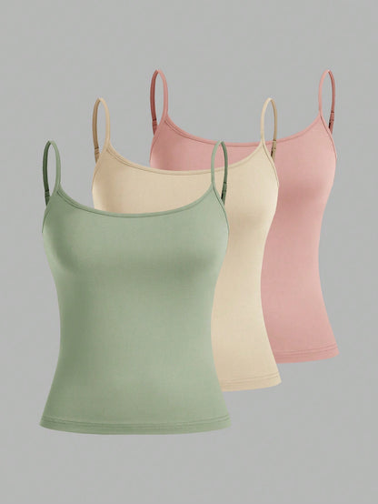 EZwear 3 Pcs Pale Green, Pale Pink, Pale Yellow Women's Camisole Crop Top, Sexy & Form-Fitting, Suitable For Summer Back To School
