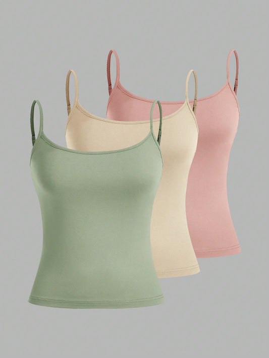 EZwear 3 Pcs Pale Green, Pale Pink, Pale Yellow Women's Camisole Crop Top, Sexy & Form-Fitting, Suitable For Summer Back To School