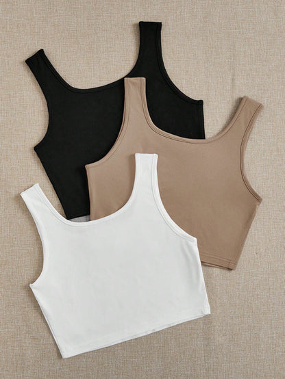 EZwear 3pcs Black, White, Gray Round Neck Super Short Casual Fitted Tank Tops For Women, Suitable For Summer