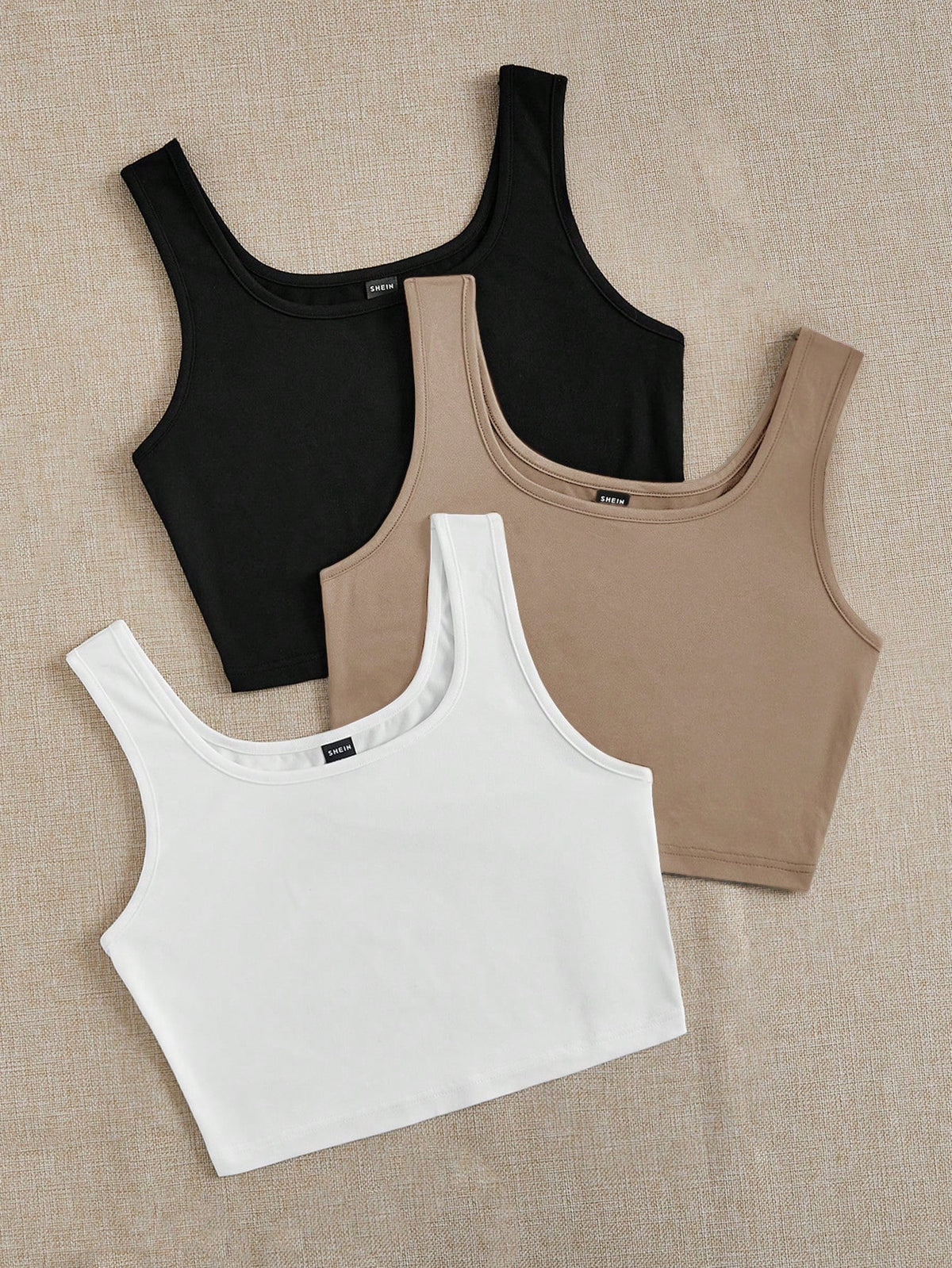 EZwear 3pcs Black, White, Gray Round Neck Super Short Casual Fitted Tank Tops For Women, Suitable For Summer