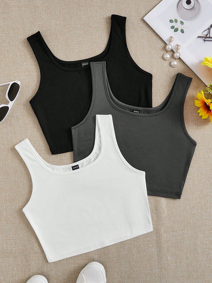 EZwear 3pcs Black, White, Gray Round Neck Super Short Casual Fitted Tank Tops For Women, Suitable For Summer