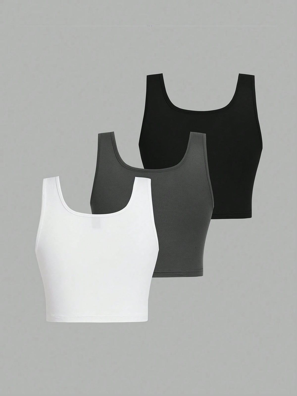 EZwear 3pcs Black, White, Gray Round Neck Super Short Casual Fitted Tank Tops For Women, Suitable For Summer