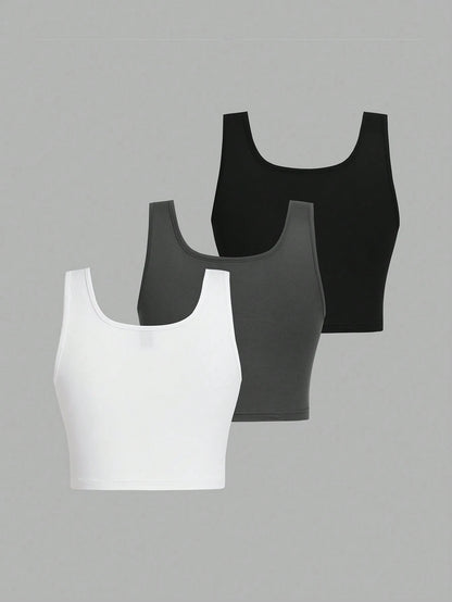 EZwear 3pcs Black, White, Gray Round Neck Super Short Casual Fitted Tank Tops For Women, Suitable For Summer
