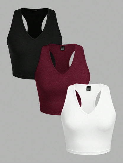 EZwear 3pcs Pack Black, White, Burgundy Women Casual Cropped Slim Fit Camisoles, Suitable For Summer Back To School