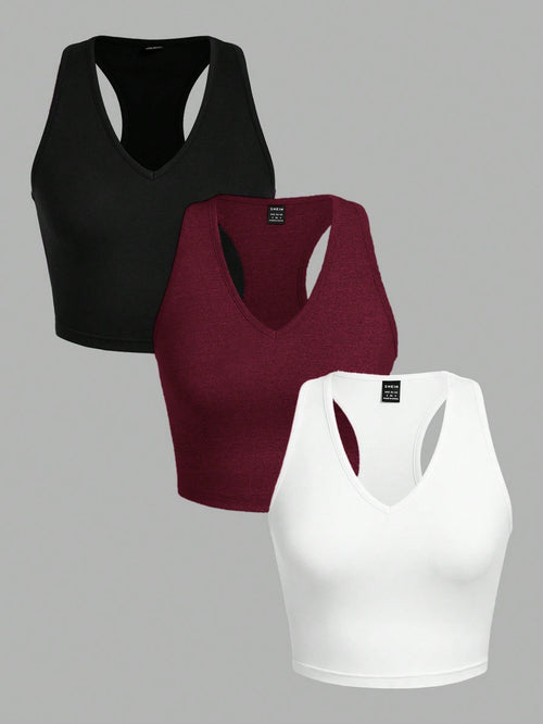 EZwear 3pcs Pack Black, White, Burgundy Women Casual Cropped Slim Fit Camisoles, Suitable For Summer Back To School